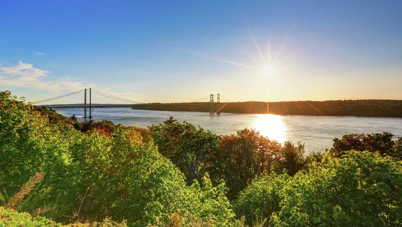 Tacoma, Washington bay at sunset with trees, water inlet, and bridge in the background