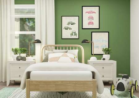 Rendering of a secondary bedroom with a
  child's bed and furniture along a green accent wall and a view of the closet
  to the left.