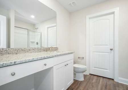 Master bathroom with a large vanity, walk-in shower and vinyl flooring.