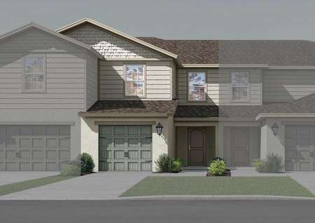 Illustration of two-story townhome with a one-car garage, front yard landscaping and two windows. 