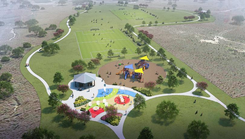 Park rendering with a splash pad, soccer fields, playground and a picnic area.