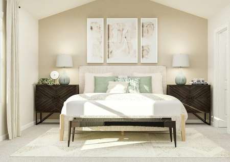 Rendering of the spacious master bedroom
  with vaulted ceiling. The room is furnished with a bed between two
  nightstands. A bench sits at the foot of the bed and abstract art hangs above
  it.