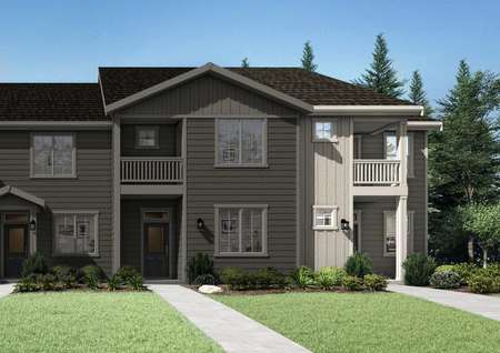 The Bend floor plan renderings to the right with a sidewalk that leads to the home entryway.