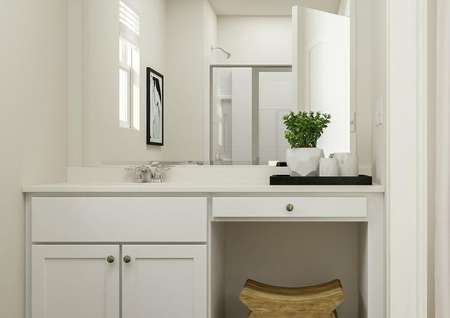 Rendering of the master bath showing the
  white cabinet vanity with a stool for the makeup vanity. The shower is
  reflected in the mirror.