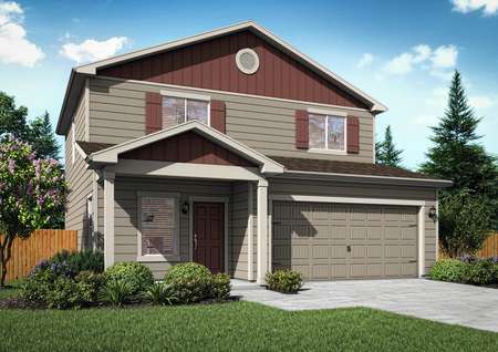 2-story Laramie floor plan rendering with tan siding and red accents