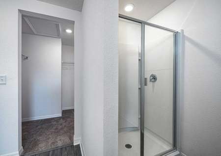 Step-in shower and adjacent walk-in closet with plenty of storage space. 