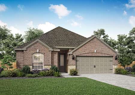 Artist rendering of the front elevation of the Ontario C by LGI Homes with brick and stone accents.