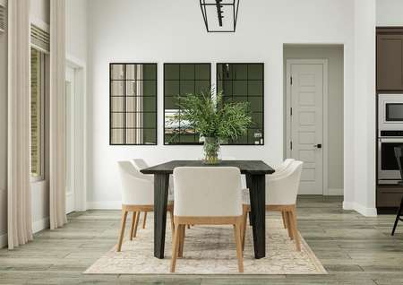 Rendering of the dining area featuring a
  large table and chairs atop a patterned rug. A view of the kitchen is to the
  right.