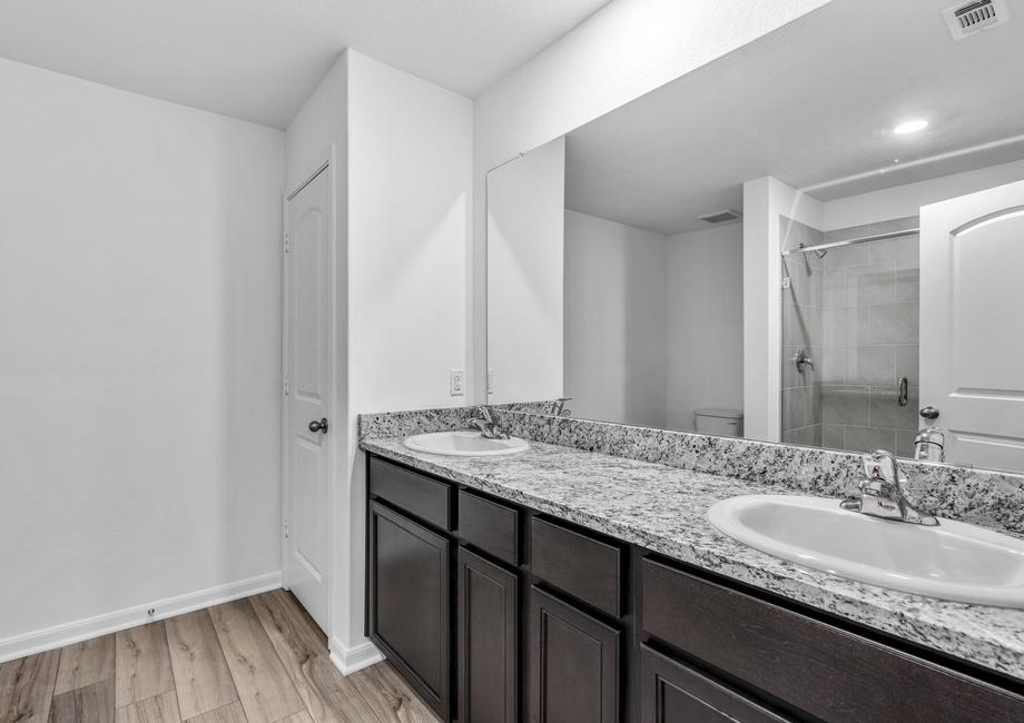 Master bathroom with a walk-in shower and double-sink vanity.