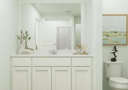 Rendering of owners bathroom with white
  finishes, large mirror above sink, and toilet to the side.