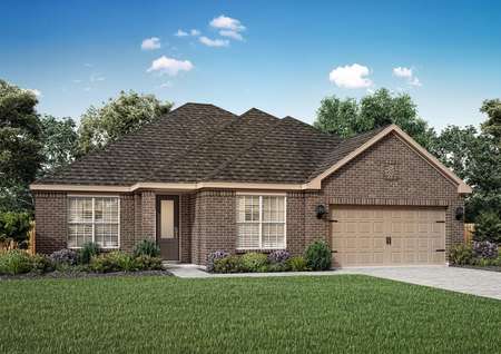 Artist illustration of the one-story Dockery by LGI Homes with brown brick and tan paint trim.