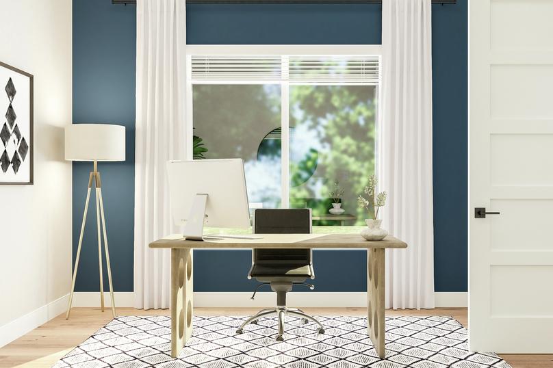 Rendering of the flex room showing a
  large desk and chair centered in front of a large window along an accent
  wall. There is light wood flooring throughout.