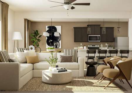Rendering of the open layout of the
  Cypress showcasing living room furniture and lots of natural light. 