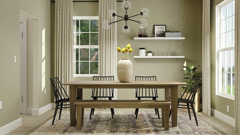 Staged dining room with transitional decor dining table with chairs and bench and floating shelves.