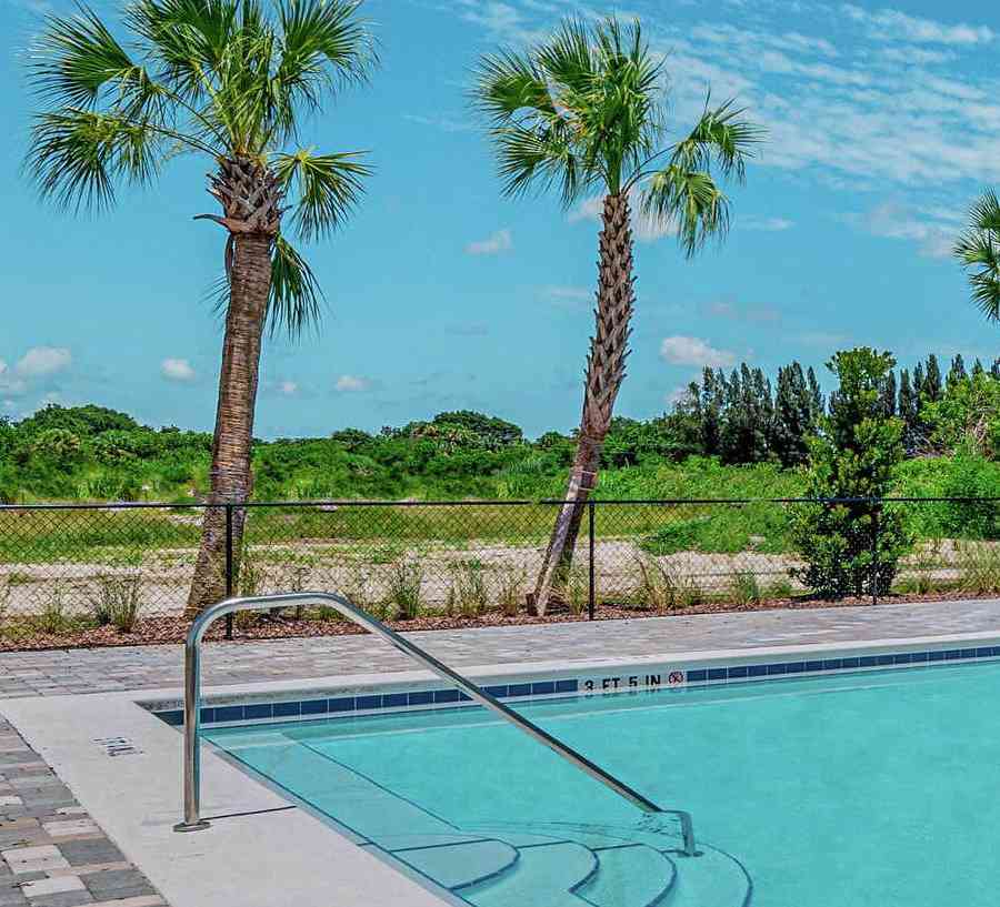 Community pool at Celebration Pointe. Beautiful stone surrounds the pool along with palm trees