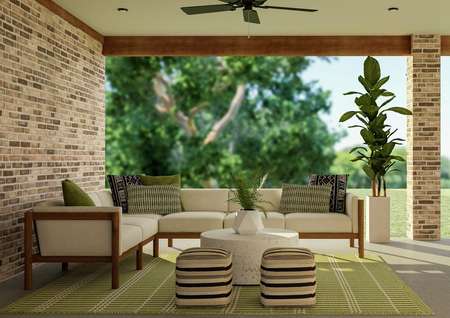 Rendering of the Thunderbird's covered  patio featuring an outdoor sectional couch and accent tables.