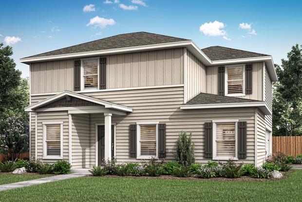 The Halpert has light tan siding and dark gray window shutters.