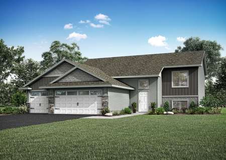 Artist rendering of the front exterior of the Mulberry plan with gray and taupe siding and stone accents.
