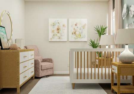 Rendering of a nursery featuring a
  dresser and rocking chair across from the crib and nightstands.