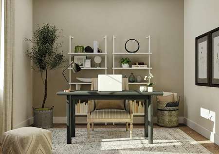 Rendering of a bedroom decorated as an office with two bookshelves, a desk, armchair, potted plant and a rug.