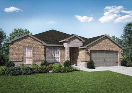 Leland new home with green grass in the front yard, brown colored siding, and garage for two cars