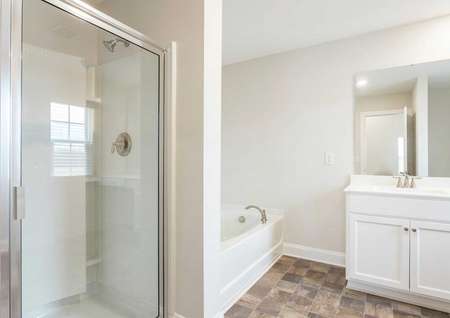 Hartford master bath with walk-in shower, bathtub, and white vanity