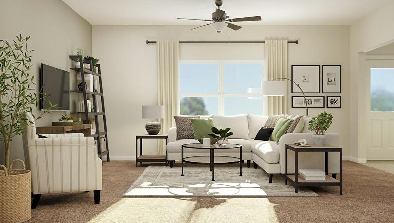 Rendering of living room with ceiling
  fan, white sectional couch, round glass table, an accent chair and large
  window