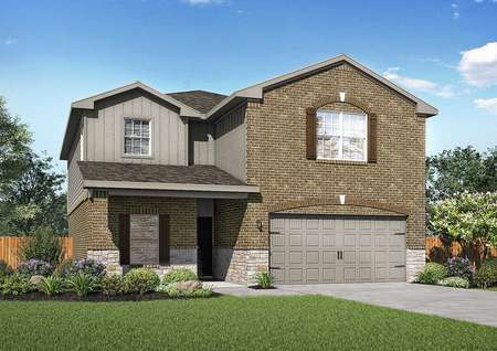 Victoria artist rendering of front exterior with dark brown brick work, gray siding, and gray two car garage