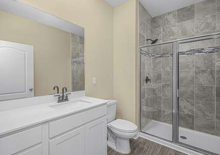 The master bathroom has a spacious vanity and a walk-in shower