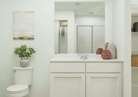 Rendering of owners bath with white
  finishes, linen closet, and toilet.