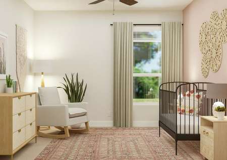 Rendering of the nursery furnished with a
  crib, rocking chair, nightstand and dresser. The room is decorated with an
  accent wall, matching rug, painting and wall art.