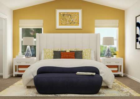 Rendering of the spacious master bedroom
  with vaulted ceiling, two windows and carpeted flooring. The room is
  furnished with a large bed, two nightstands and a plush bench.