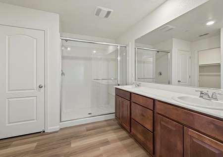 The master bathroom has a dual sink vanity and step in shower.