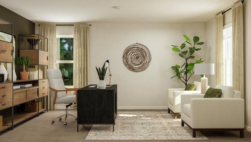 Rendering of a home office with carpeted
  flooring and two windows. Two armchairs face the desk and computer chair. A
  large bookshelf unit sits behind the desk.