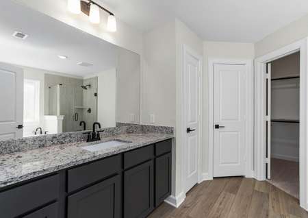 Master bathroom with a large vanity and a step in shower and soaking tub