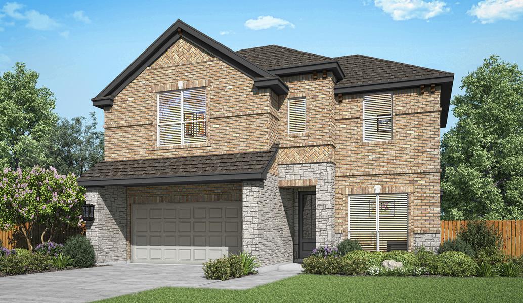 The Stevenson plan is a two-story home with a brick and stone exterior.