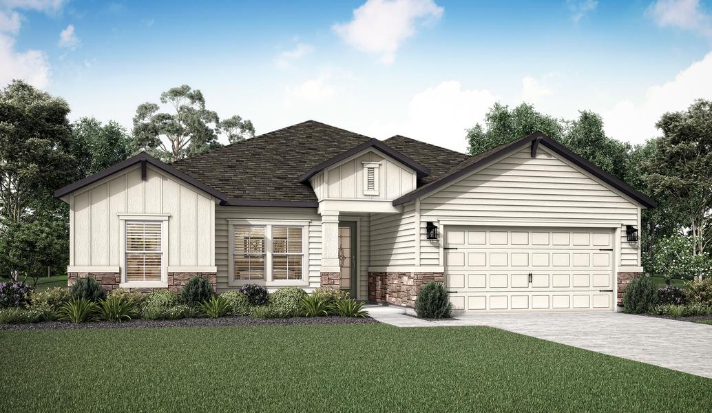 Single-story Leland rendering with stone accents.