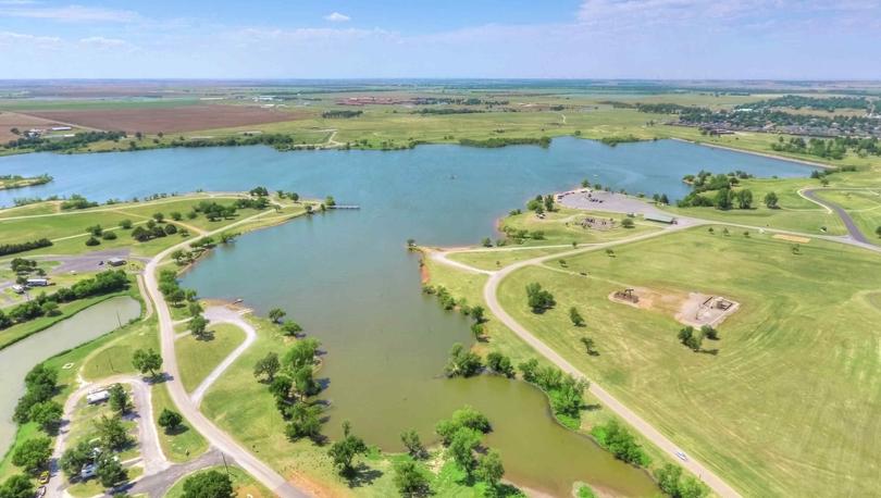 Crimson Lake Estates new home community drone shot of lake and park