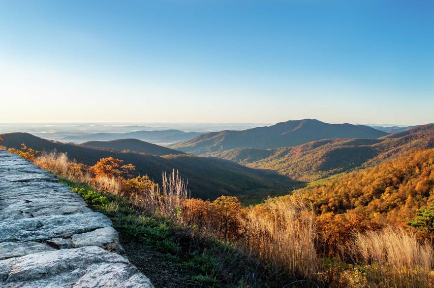 Martinsburg, West Virginia sunrise over Blue Ridge Mountain at Shenandoah National Park with rocky cliffs and mountains with vegetation