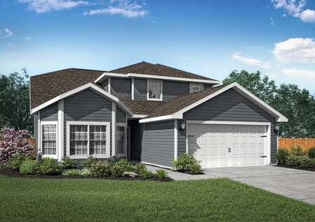 Rendering of the Cypress plan with blue siding and bay windows.