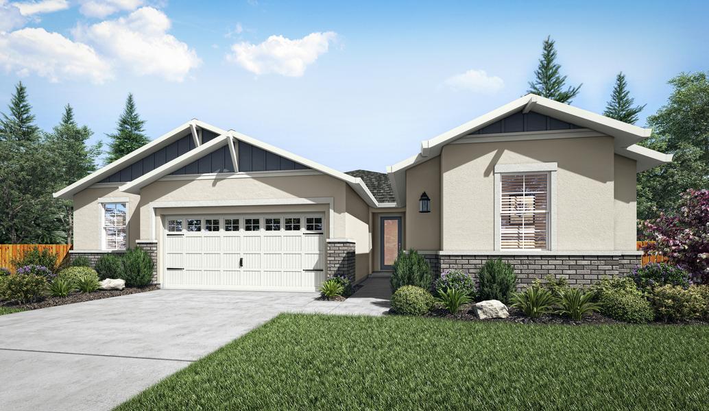 The Walker is a single-story home with tan stucco, blue siding and gray brick accents.