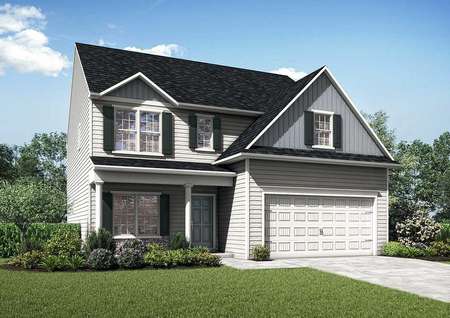 Hartford front of house with two stories, green grass landscaped yard, and two-tone paneling