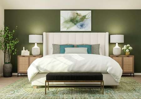 Rendering of the master bedroom with a
  large bed between two nightstands.