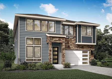 Two-story Macchiato elevation rendering with stone accents.