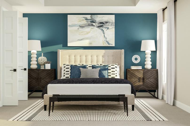Rendering of the master bedroom focused
  on the large bed, two nightstands, rug and bench. An accent wall, paintings,
  two table lamps and matching pillows complete the look.