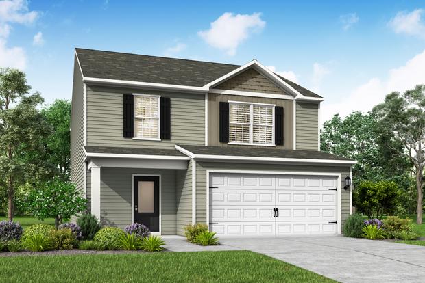 Two-story exterior elevation of the Avery with shutters.