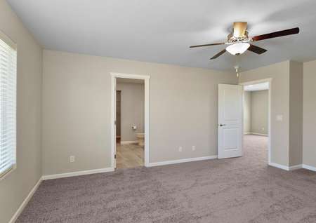 Master bedroom with a ceiling fan and carpet