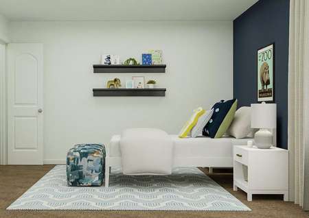 Rendering of a children's bedroom
  furnished with a white bed and camo-colored poofs on a geometric
  blue-and-white rug. One wall is painted navy.