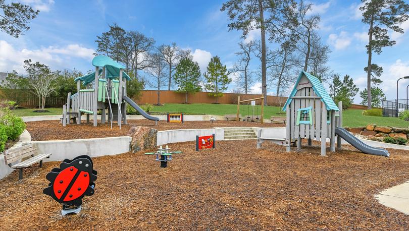 Wedgewood Forest park with children's playground and tot lot over mulch during daytime