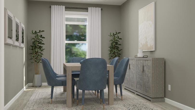 Rendering of the dining room with a
  window and wood-style flooring. The space is decorated with a table, six blue
  chairs, a buffet and artwork.